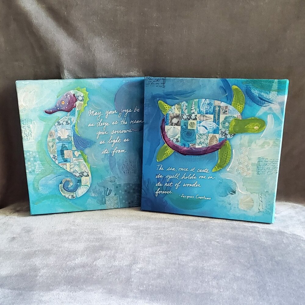 Seahorse And Turtle 12" X 12" Canvas Wall Art Mixed Media Beach Decor Set New